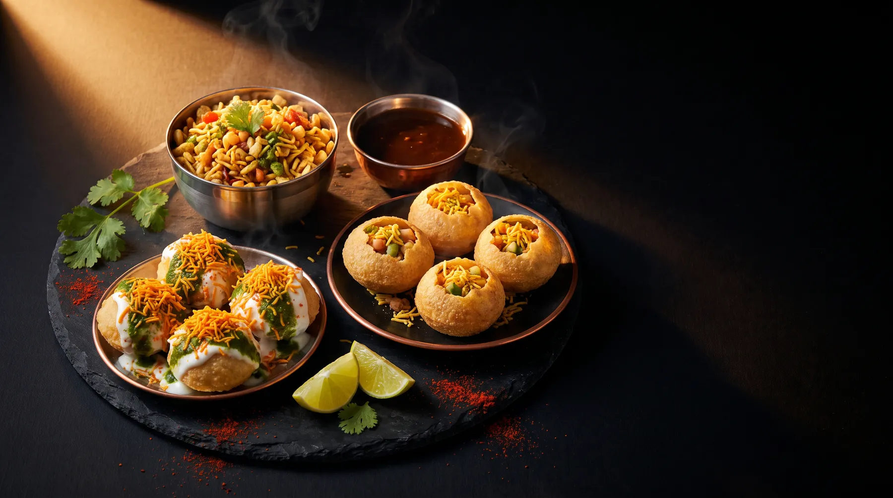 A spread of Indian street food chaat